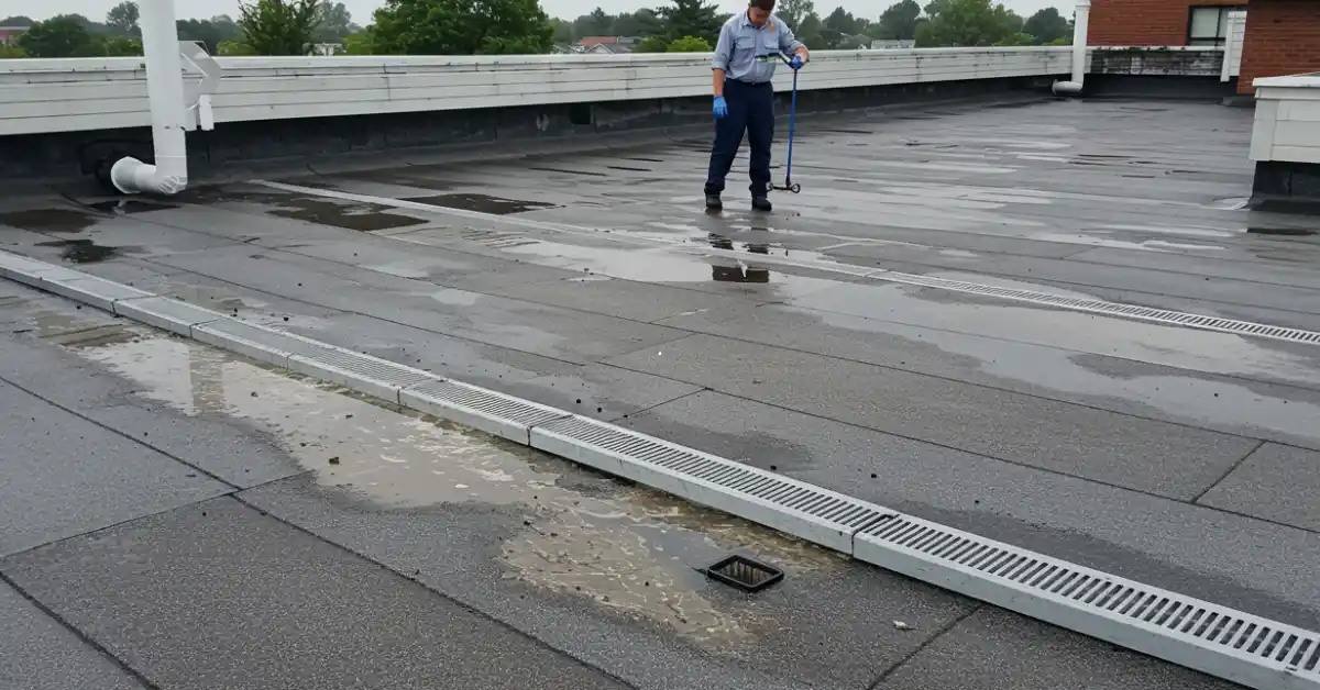 Person checking drainage on a flat roof