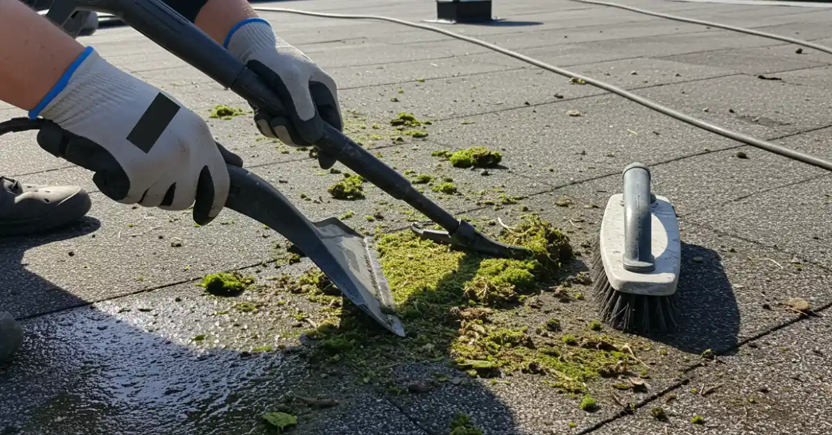 Person cleaning debris from a flat roof