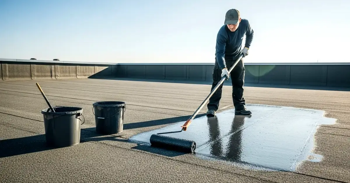 Person applying waterproof coating to a roof