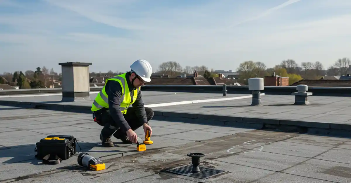 Professional Performing Regular Roof Inspection on a Flat Roof